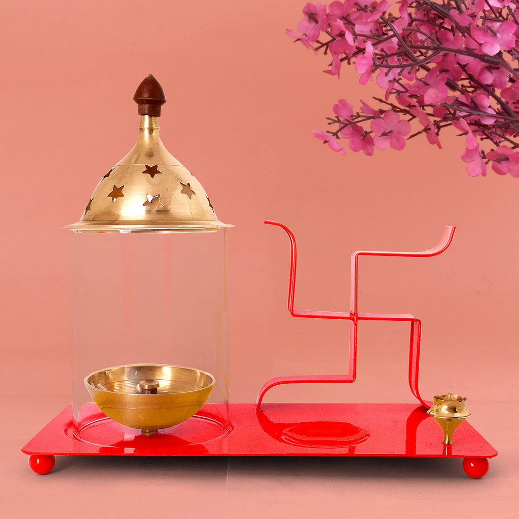 Small red brass and metal Swastik chimney diya tray with built-in incense holder, designed for daily worship and festive spiritual decor. India’s Largest Pooja Accessories Brand – www.satvikstore.in