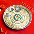 Stainless Serenity printed pooja aarti thali set with spiritual motifs, featuring stainless steel plate and accessories for traditional rituals and daily pooja ceremonies India’s Largest Pooja Accessories Brand – www.satvikstore.in