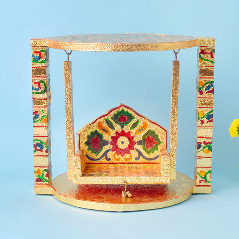 Stunning Meenakari Laddu Gopala Jhula with intricate enamel detailing, perfect for pooja, Janmashtami celebrations, and home mandir display. India’s Largest Pooja Accessories Brand – www.satvikstore.in