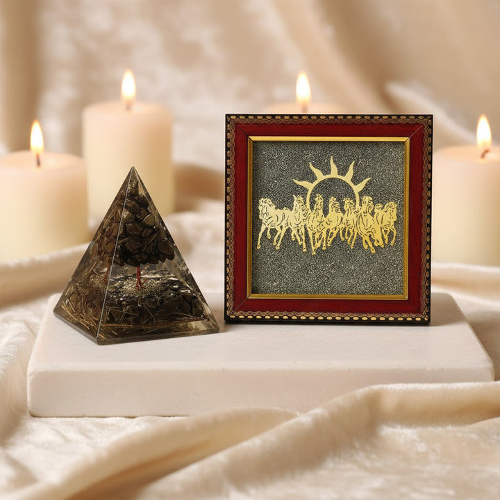 7 horses raw pyrite frame pyrite tree pyramid success strength wealth combo. India’s Largest Puja Accessories Brand- www.satvikstore.in