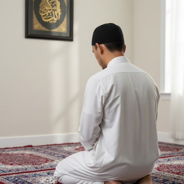 Traditional Muslim prayer cap (topi) for namaz and daily prayers, lightweight Islamic skull cap for men offering comfort, modesty, and religious devotion. India’s Largest Pooja Accessories Brand – www.satvikstore.in

