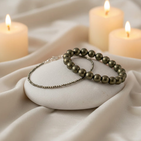 raw pyrite bracelet and raw pyrite anklet wealth abundance healing stone combo. India’s Largest Puja Accessories Brand- www.satvikstore.in
