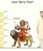 Handcrafted large brass statue of Goddess Durga riding her lion, holding multiple weapons including a trident, sword, and bow, glossy finish, weight 182000 grams (182 kg), height 149 cm (approximately 58.66 inches), length 125 cm (approximately 49.21 inches). Best for VIP Gift, best for big premium gift, best for your temple. India's Large Puja Accessories Brand - Satvikstore.in