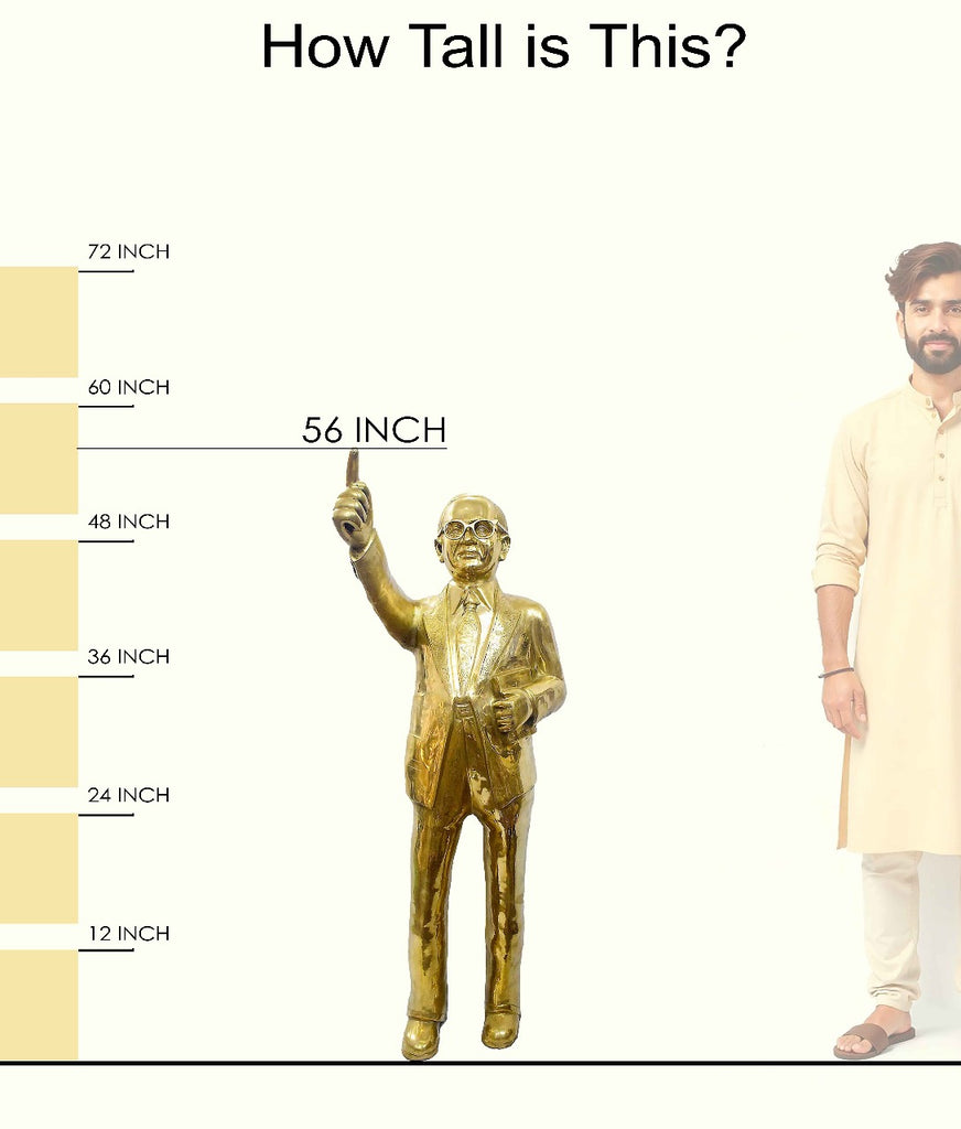 A handcrafted large brass statue of Dr. Bheemrao Ambedkar standing with a book and pointing upwards, wearing glasses and a suit, glossy finish, weight 71100 grams, height 146 cm, length 43 cm. Best for VIP Gift, best for big premium gift, best for your office, best for educational institutions, symbol of social justice. India's Largest Puja Accessories Brand - Satvik No. 1 Brass Idol Collection 