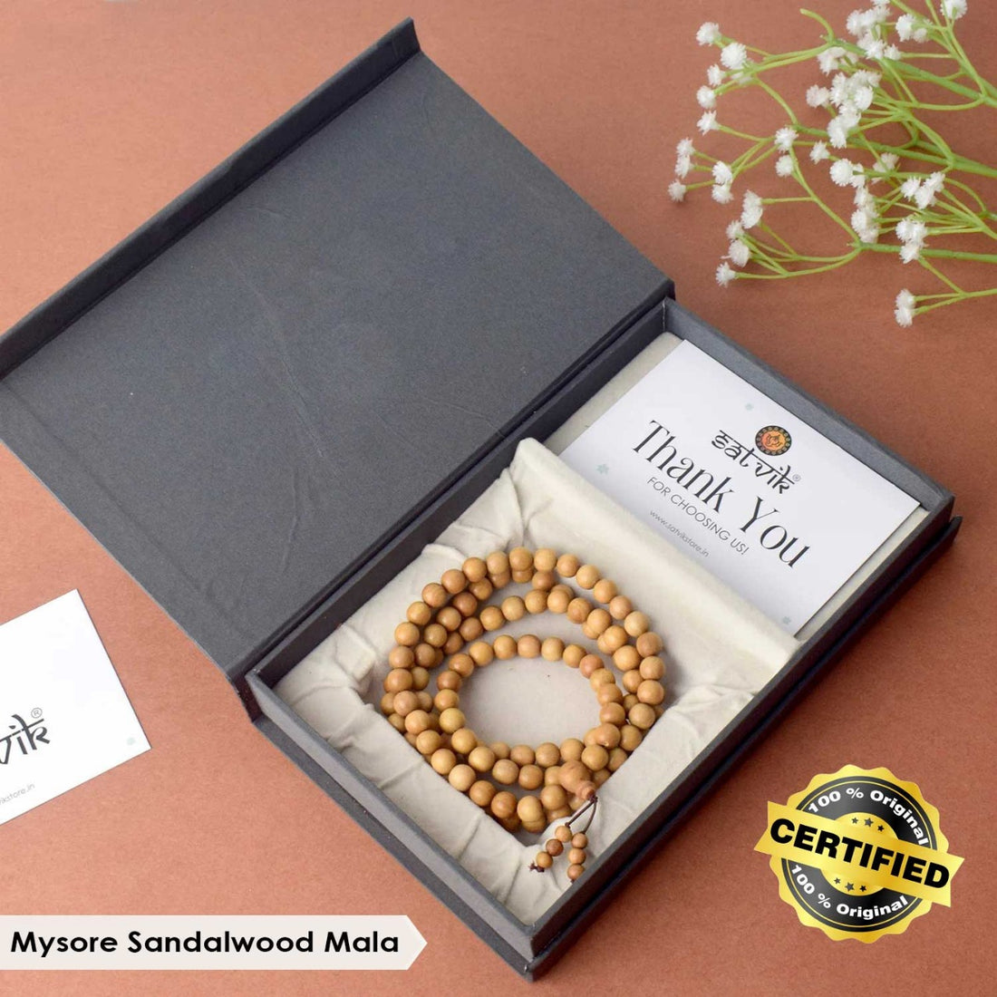 Certified 10mm 100% Original Authentic Mysore White Sandalwood (Chandan) Jap Mala
