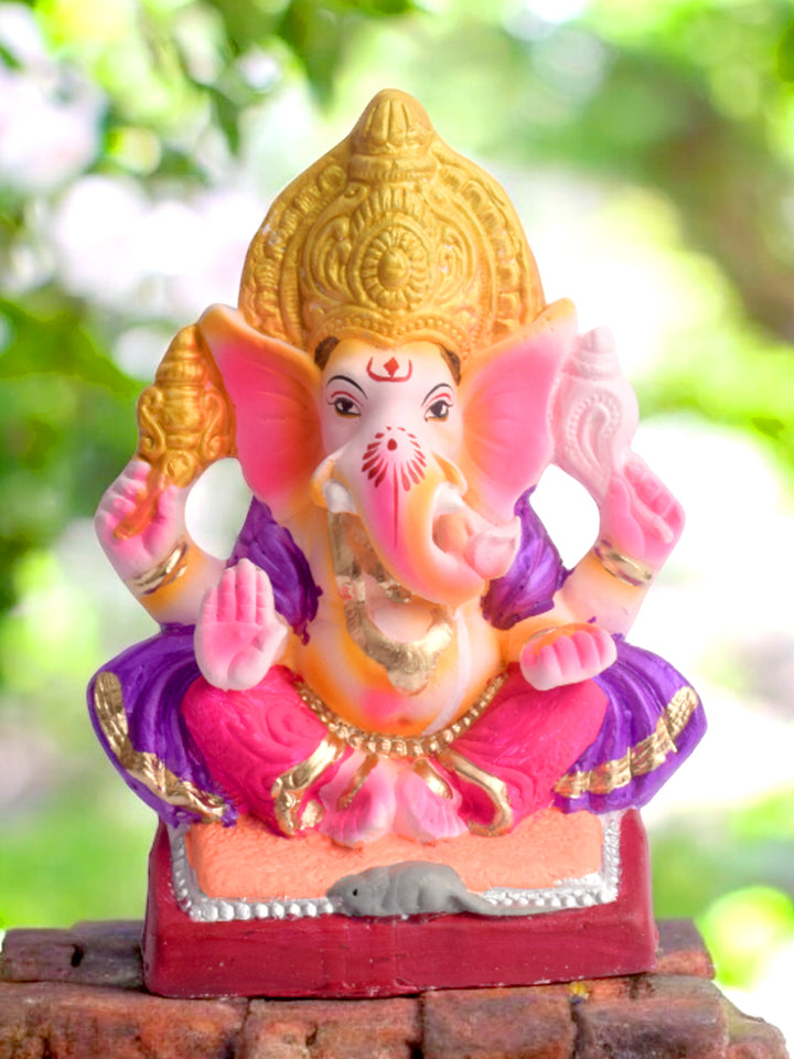 8.3-inch Yadhvasin eco-friendly Ganesha idol made of shadu mitti, designed with intricate ornaments and seated in a calm pose for Ganesh Chaturthi celebrations. India’s Largest Pooja Accessories Brand – www.satvikstore.in
