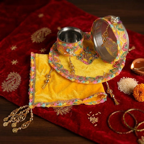 Yellow Karwa Chauth Thali Set | India’s Largest Pooja Accessories Brand – www.satvikstore.in