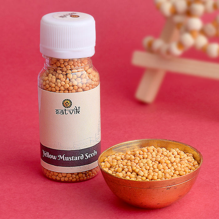 Yellow Mustard Seeds (Peeli Sarso) for Pooja (25 Gram) are used in sacred pooja rituals and spiritual ceremonies to bring prosperity, peace, and blessings. These mustard seeds symbolize divine protection and purification during religious offerings – India’s Largest Pooja Accessories Brand – www.satvikstore.in