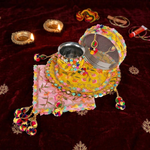 Yellow & Pink Karwa Thali | India’s Largest Pooja Accessories Brand – www.satvikstore.in
