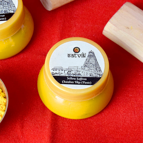 Yellow Saffron Chandan Tika Paste (Chandan Tilak) is ideal for daily pooja rituals, spiritual gatherings, and temple use. Known for its calming aroma and sacred symbolism, it brings purity and devotion to every religious ceremony – India’s Largest Pooja Accessories Brand – www.satvikstore.in
