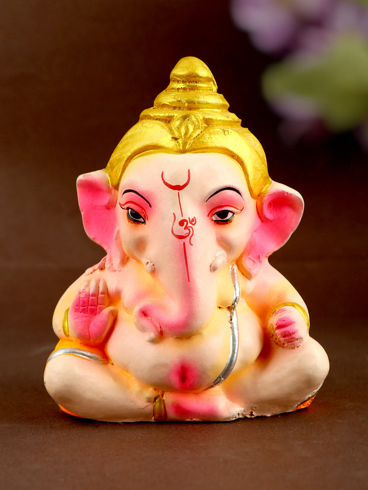 4.3 Inch charming colorful Bal Ganesha idol with golden mukut, perfect for eco-friendly Ganesh Chaturthi celebrations. India’s Largest Pooja Accessories Brand – www.satvikstore.in