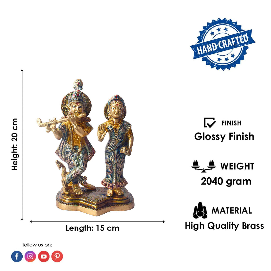The 8 Inch Radha Krishna Idol – A Symbol of True Devotion and Love is a magnificent representation of the eternal bond between Radha and Krishna, capturing the purity and depth of their divine love. This beautifully crafted idol depicts Krishna playing his flute, while Radha stands beside him, radiating grace, love, and devotion.