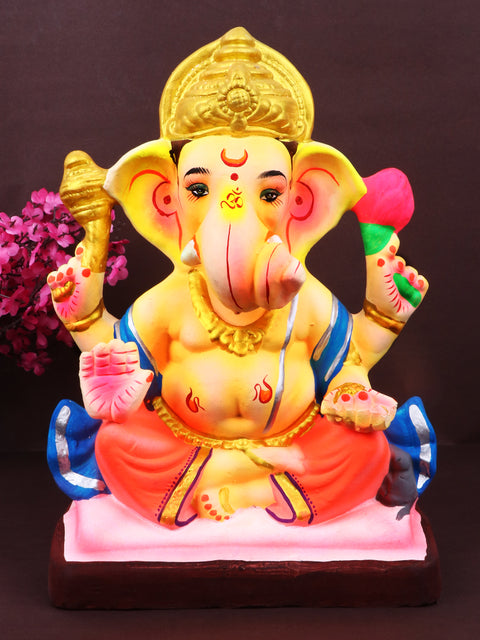 8.7-inch eco-friendly Ganesh idol in majestic Dagdusheth-style pose, adorned with intricate ornaments and a calm expression. India’s Largest Pooja Accessories Brand – www.satvikstore.in