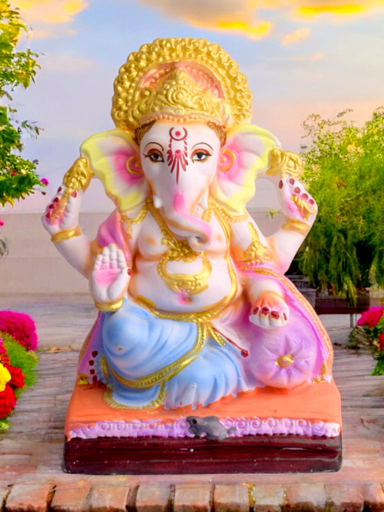 Graceful 10.4-inch eco-friendly Ganesha idol in Sukhasana posture, crafted from natural clay and hand-painted with vibrant hues. India’s Largest Pooja Accessories Brand – www.satvikstore.in