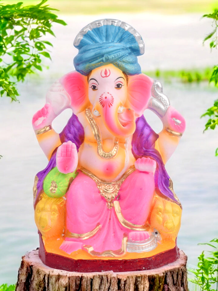Majestic 9.8-inch eco-friendly Ganesha idol in royal Raja pose, seated regally with detailed ornaments and natural clay finish. India’s Largest Pooja Accessories Brand – www.satvikstore.in