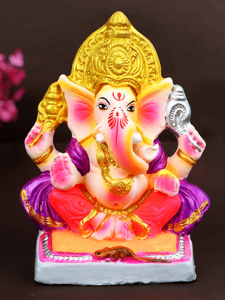Handcrafted 8-inch eco-friendly Ganesha idol in traditional Gajanan pose, made with natural clay and painted in soothing festive colors. India’s Largest Pooja Accessories Brand – www.satvikstore.in