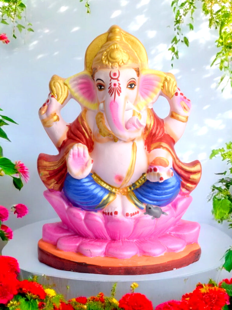 10-inch eco-friendly Ganesha idol seated in Padmasana pose, crafted from natural shadu mati and painted with vibrant organic colors. India’s Largest Pooja Accessories Brand – www.satvikstore.in