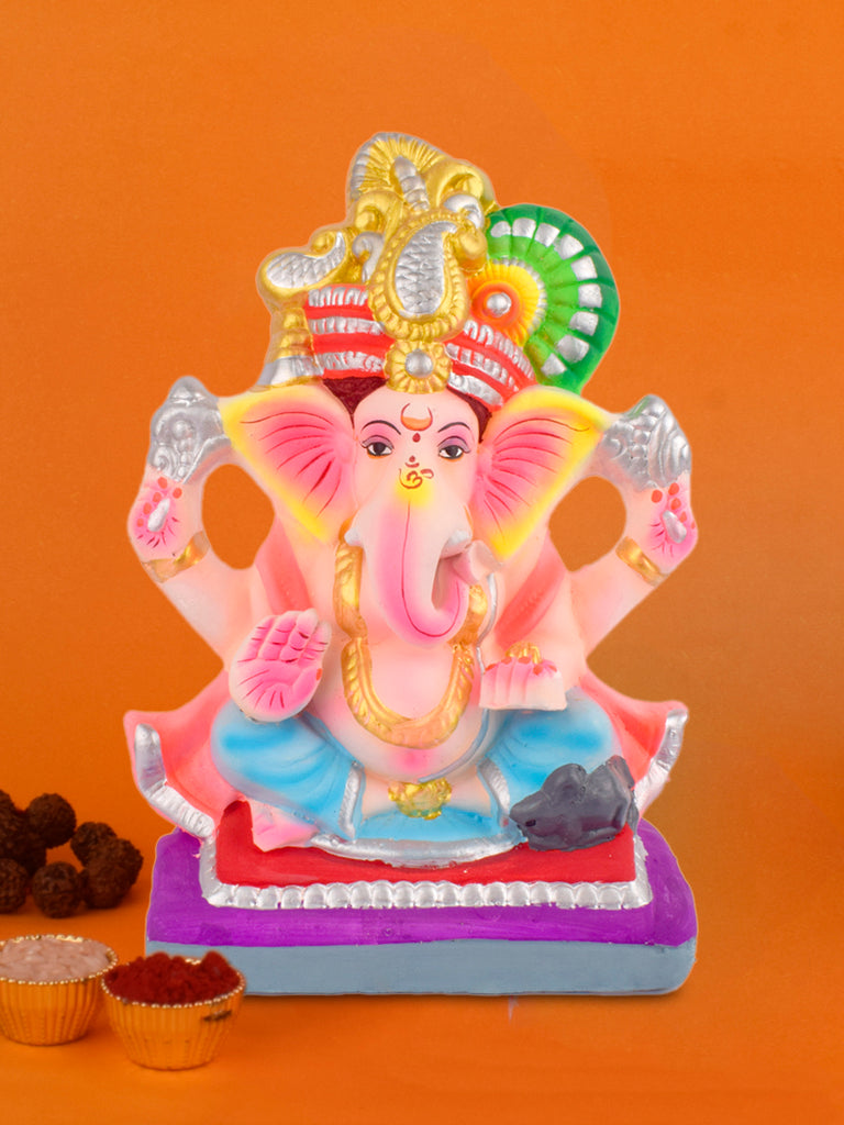 10.8-inch eco-friendly Ganesha idol wearing a regal pagdi, handcrafted in shadu clay with vibrant natural colors for Ganesh Chaturthi celebrations. India’s Largest Pooja Accessories Brand – www.satvikstore.in