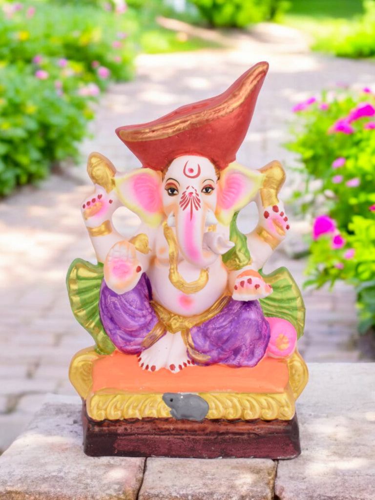 10.5-inch eco-friendly Ganpati idol in Padmasana pose, wearing traditional Mavala-style pagdi and vibrant festive attire. India’s Largest Pooja Accessories Brand – www.satvikstore.in