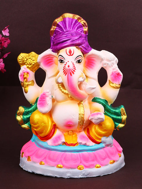 8-inch eco-friendly Kshipra Ganesha idol crafted from natural clay, featuring serene facial expression and traditional artwork, ideal for Ganesh Chaturthi. India’s Largest Pooja Accessories Brand – www.satvikstore.in