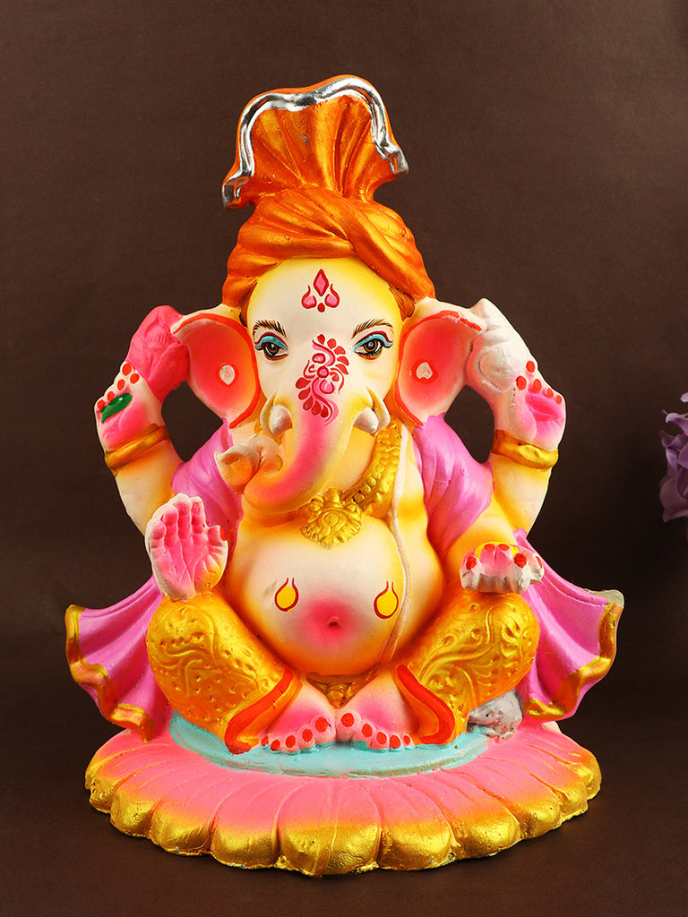 11.4-inch eco-friendly Lambodara Ganesha idol crafted from natural clay, seated gracefully with intricate detailing and serene expression. India’s Largest Pooja Accessories Brand – www.satvikstore.in