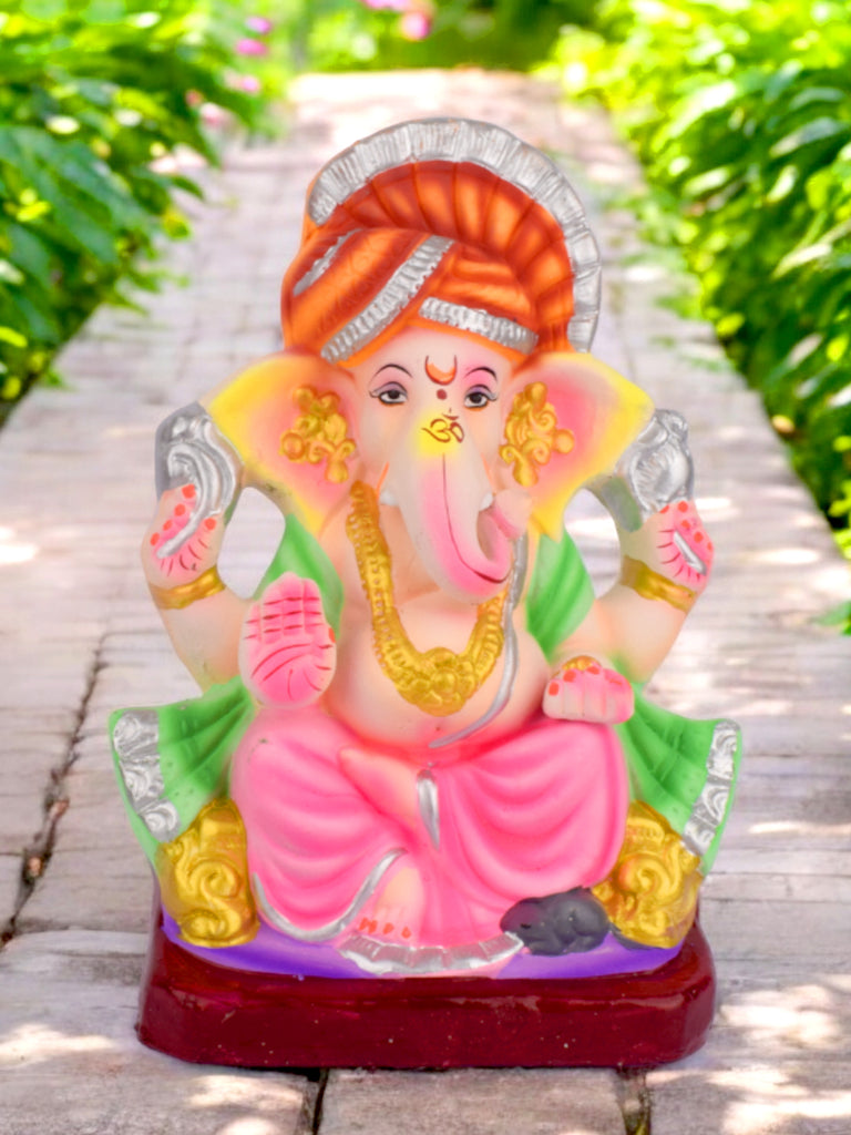10.8-inch eco-friendly Vighneshvara Ganesha idol made from shadu clay, seated in a calm pose with traditional attire and natural colors for Ganesh Chaturthi 2025. India’s Largest Pooja Accessories Brand – www.satvikstore.in