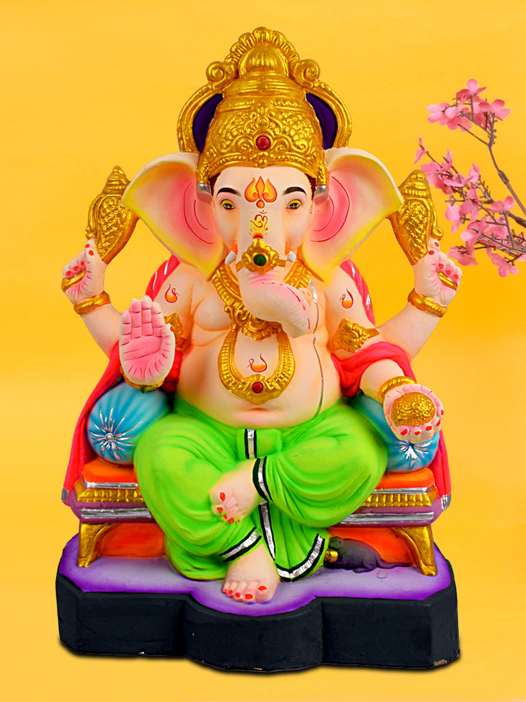 21-inch eco-friendly Vignaharta Raja Ganesha idol in majestic seated pose, handcrafted from shadu mati clay for Ganesh Chaturthi 2025. India’s Largest Pooja Accessories Brand – www.satvikstore.in