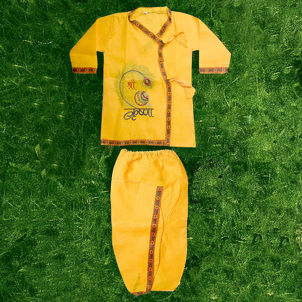 Kids Krishna costume in size 20 featuring yellow dhoti and kurta set, perfect for Janmashtami celebrations and cultural functions India’s Largest Pooja Accessories Brand – www.satvikstore.in