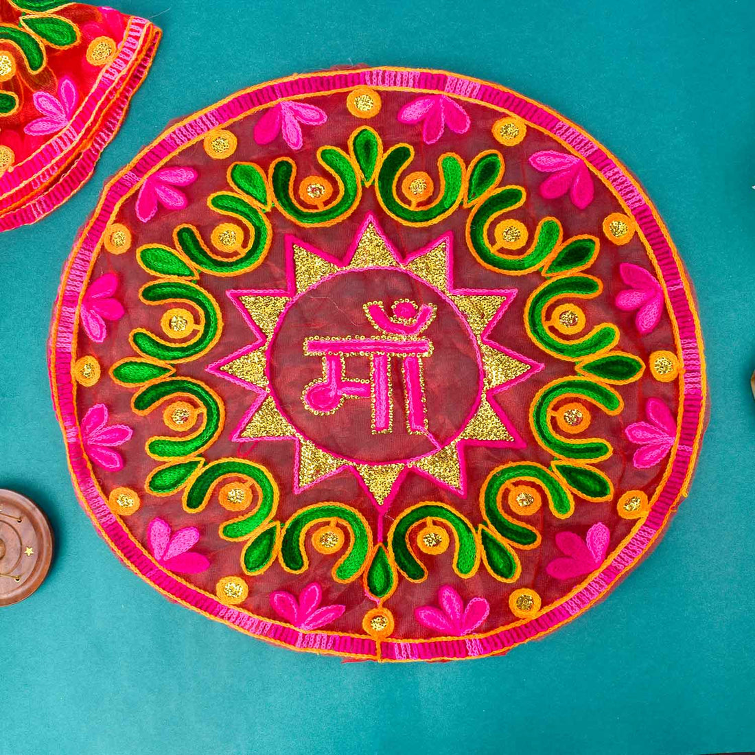 Pink Ma thal posh / thali cover in organza fabric for pooja and festive rituals. India’s Largest Pooja Accessories Brand – www.satvikstore.in