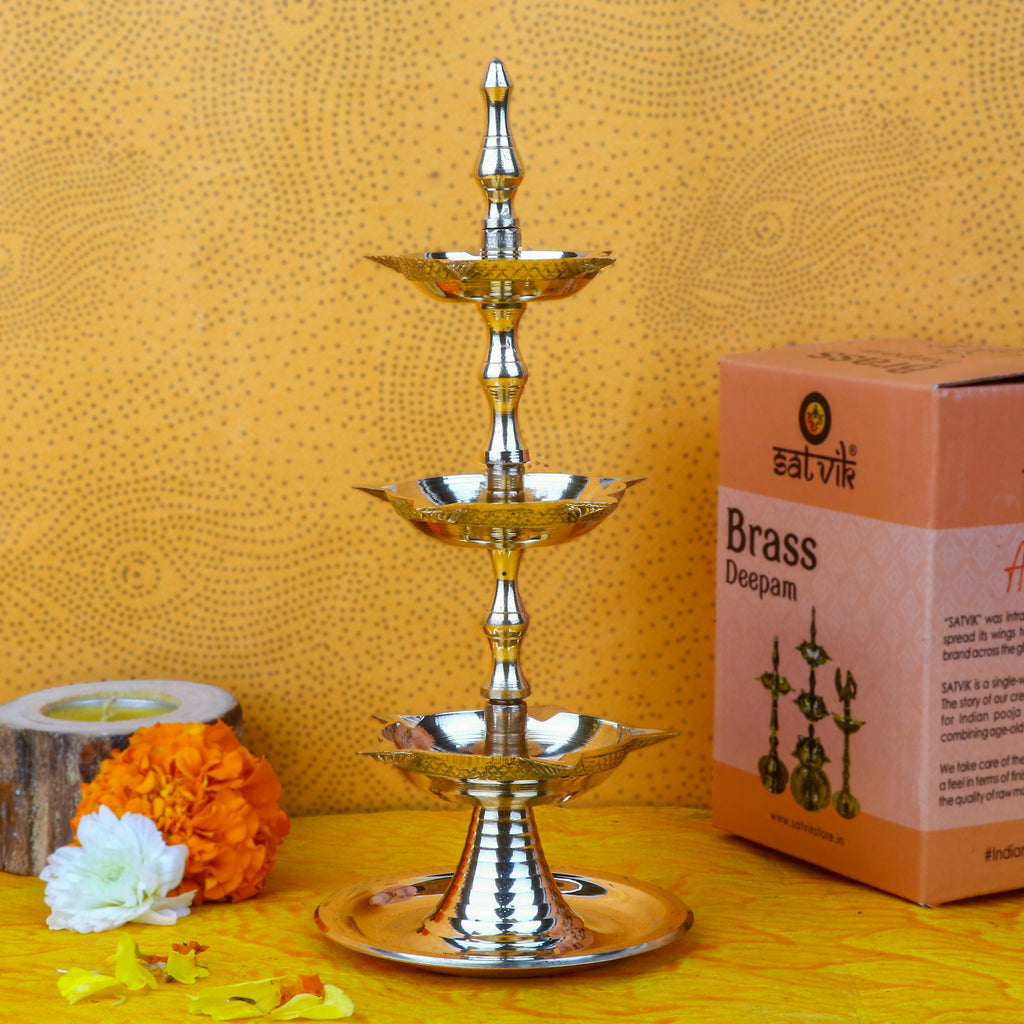 Brass 3 Step Kerala Inauguration Diya – Elegant handcrafted brass diya with three-step design, ideal for traditional pooja rituals, temple use, and inauguration ceremonies. India’s Largest Pooja Accessories Brand – www.satvikstore.in
