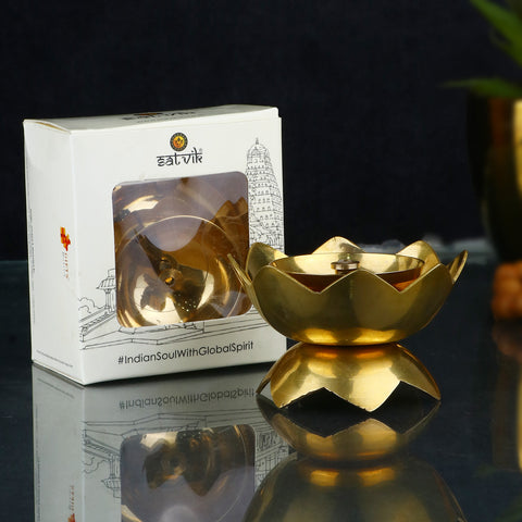 Brass Lotus Kamal Shape Diya – Elegant lotus-shaped brass oil lamp, ideal for pooja rituals and spiritual decoration. India’s Largest Pooja Accessories Brand – www.satvikstore.in