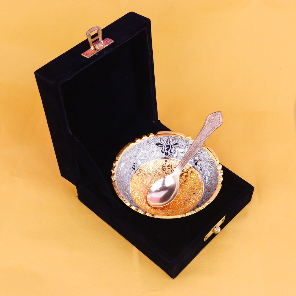 Decorative embossed golden bowl with ornate detailing on a sturdy base, perfect for festive décor, gifting, or as a centerpiece in traditional Indian settings. India’s Largest Pooja Accessories Brand – www.satvikstore.in