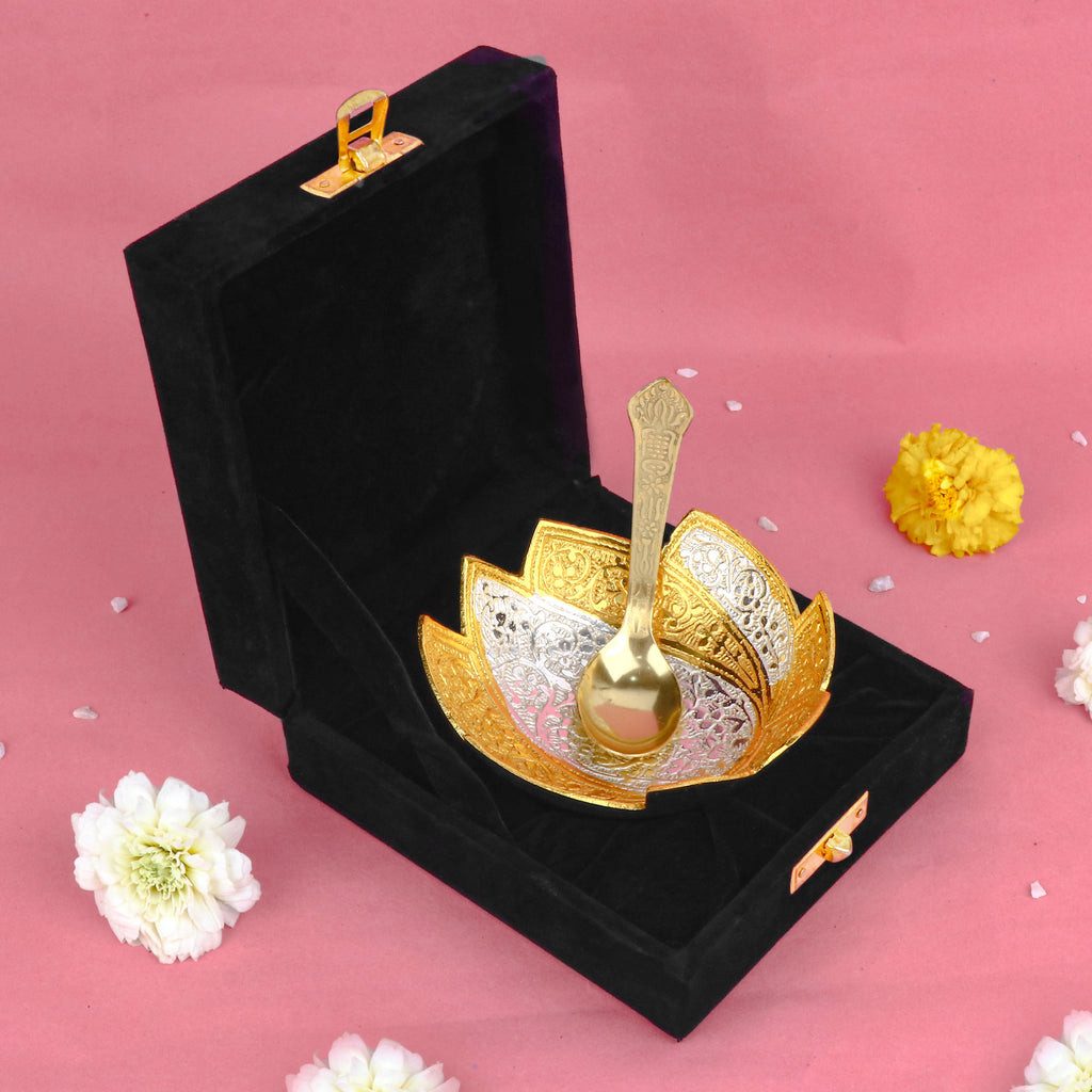 Decorative embossed silver and golden lotus-shaped bowl with intricate petal detailing, ideal for festive decoration, gifting, or as a centerpiece for pooja arrangements. India’s Largest Pooja Accessories Brand – www.satvikstore.in 