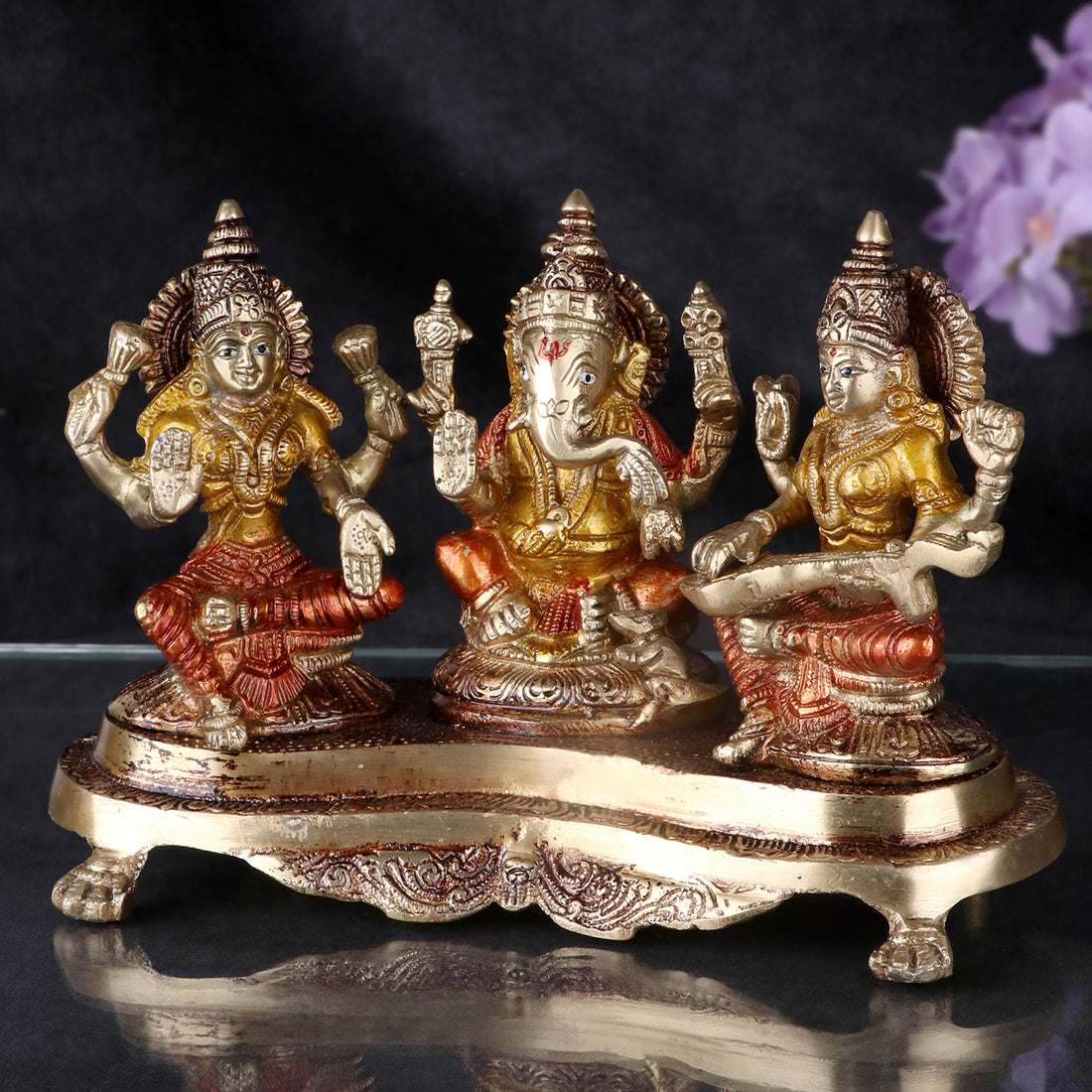 4.7 Inch Brass Lakshmi Ganesh With Saraswati Idol