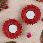 Floral Chakra Metal Diya in Red Color (Pack of 2)