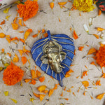 1 Pc Lord Ganesh Face on Leaf Patta Wall Hanging - Blue