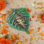 1 Pc Lord Ganesh Face on Leaf Patta Wall Hanging Green