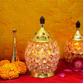 Pure Brass Oval Shape Crystal Glass Chimney Diya – A premium quality diya crafted from pure brass, featuring an elegant oval shape and crystal glass chimney. India’s Largest Pooja Accessories Brand – www.satvikstore.in
