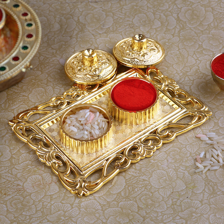 Ravishing rectangular Roli Akshat platter, elegantly designed tray used for holding roli and akshat during pooja, tilak ceremonies, and festive rituals. 
India’s Largest Pooja Accessories Brand – www.satvikstore.in 