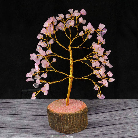 Rose Quartz Crystal Tree with 100 soft pink gemstone beads, beautifully crafted on a wire frame base, ideal for attracting love, emotional healing, and positive energy. India’s Largest Pooja Accessories Brand – www.satvikstore.in