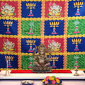 Vibrant multicolor backdrop cloth featuring Lord Ganesha surrounded by artistic floral prints, ideal for pooja, festivals, and temple decoration. India’s Largest Pooja Accessories Brand – www.satvikstore.in