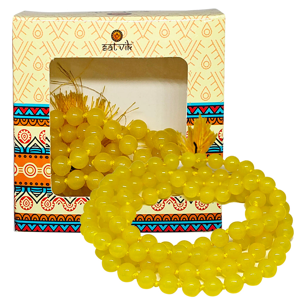 Agate Hakik Mala (Yellow Calcite) – A Spiritual Meditation Mala for Positivity, Mental Clarity, and Solar Plexus Chakra Activation. India’s Premium Hakik Jap Mala Store - www.satvikstore.in
