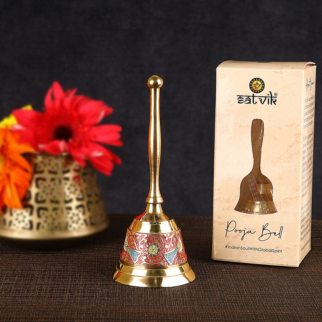 Enthralling handcrafted brass puja bell/ghanti with intricate detailing, perfect for traditional aarti and temple rituals. India’s Largest Pooja Accessories Brand – www.satvikstore.in