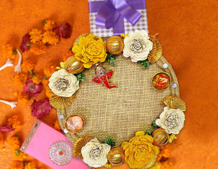 Floral Jute Designer Thali for Puja Puja Store Online Pooja Items Online Puja Samagri Pooja Store near me www.satvikstore.in