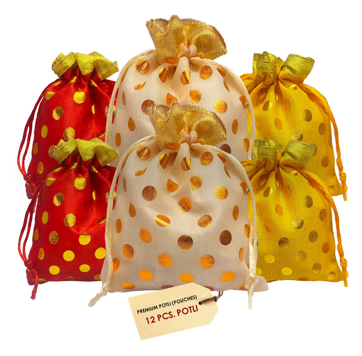 Designer Polka Dot Potli Dry Fruit Favour Pouches Puja Store Online Pooja Items Online Puja Samagri Pooja Store near me www.satvikstore.in