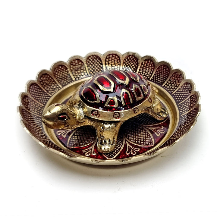 Brass Colored Turtle with Nakashi Plate/Tray Puja Store Online Pooja Items Online Puja Samagri Pooja Store near me www.satvikstore.in