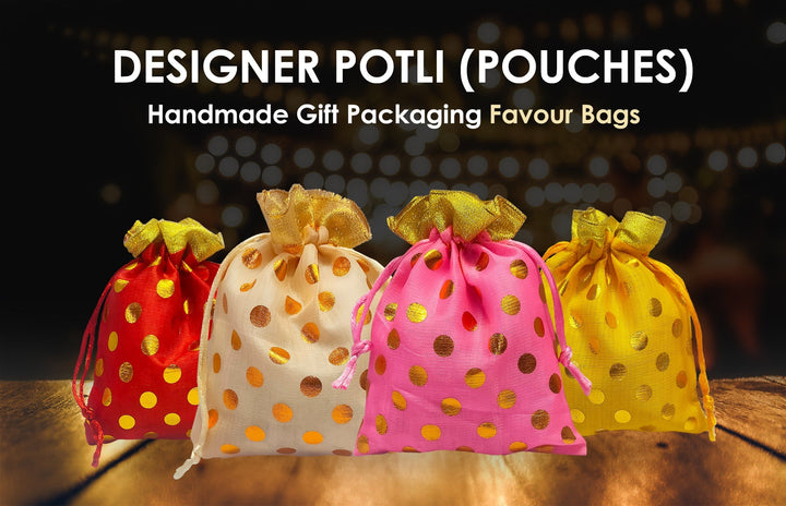 Designer Polka Dot Potli Dry Fruit Favour Pouches Puja Store Online Pooja Items Online Puja Samagri Pooja Store near me www.satvikstore.in